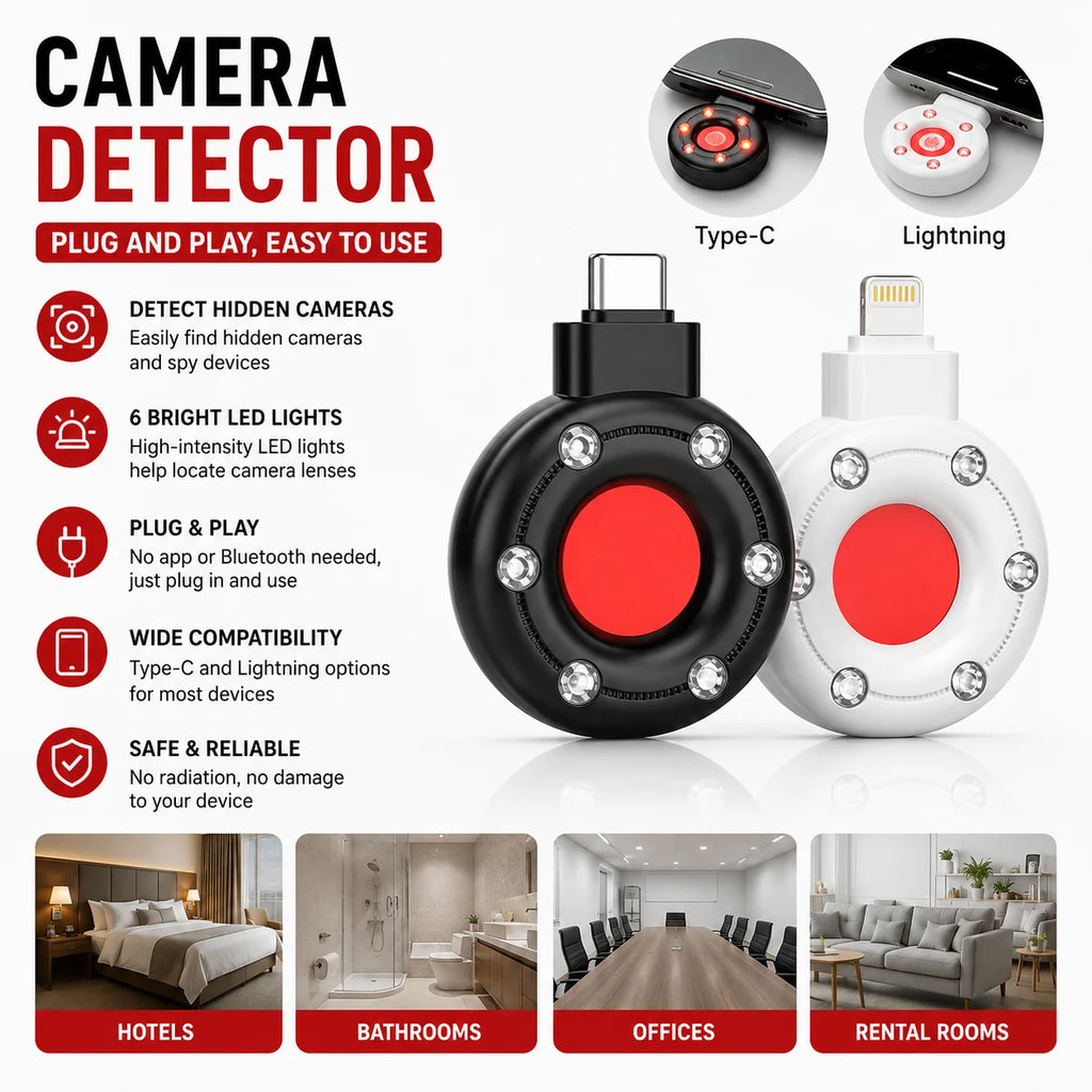 Portable Camera Detector Mobile Phone USB IR Alarm for Outdoor Travel Hotel Rental Anti Candid Hidden Camera Finder Led Light