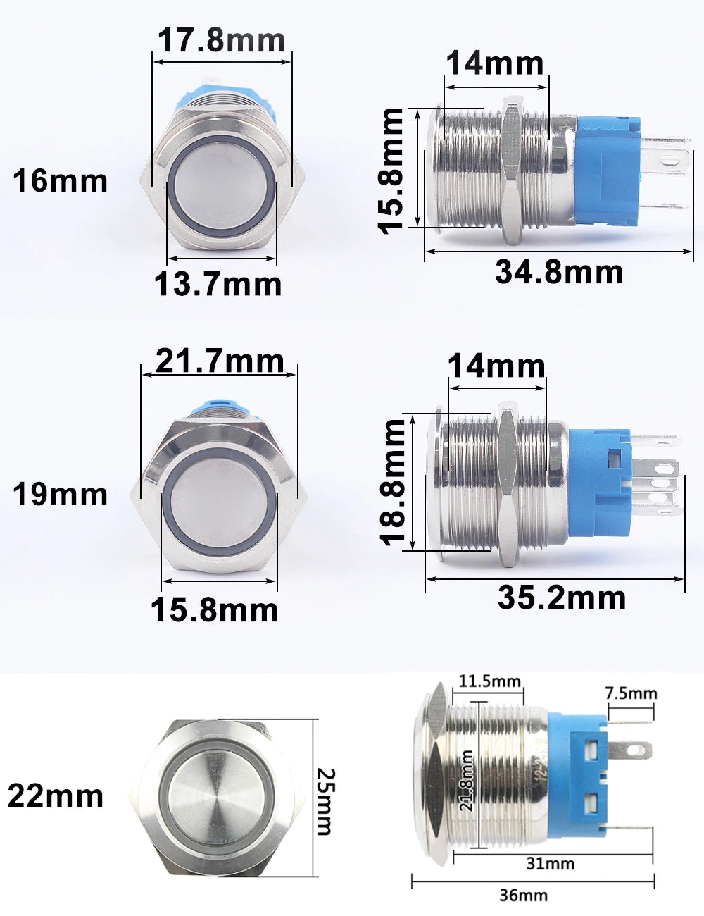 16mm 19mm 22mm double colors LED Metal Push Button Switch Waterproof Lamp Doorbell Car Momentary Latching 12V 24V without socket