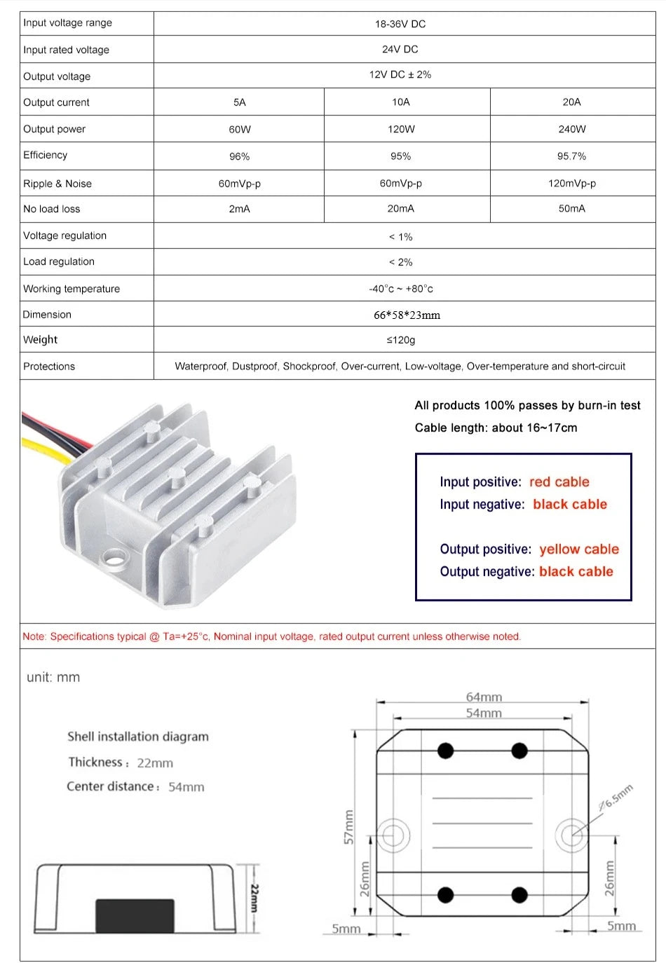 24V to 12V 5A 10A 20A Reliable DC Power Converter Step Down Voltage Regulator 24 Volt to 12 Volt Buck Module for Cars Solar