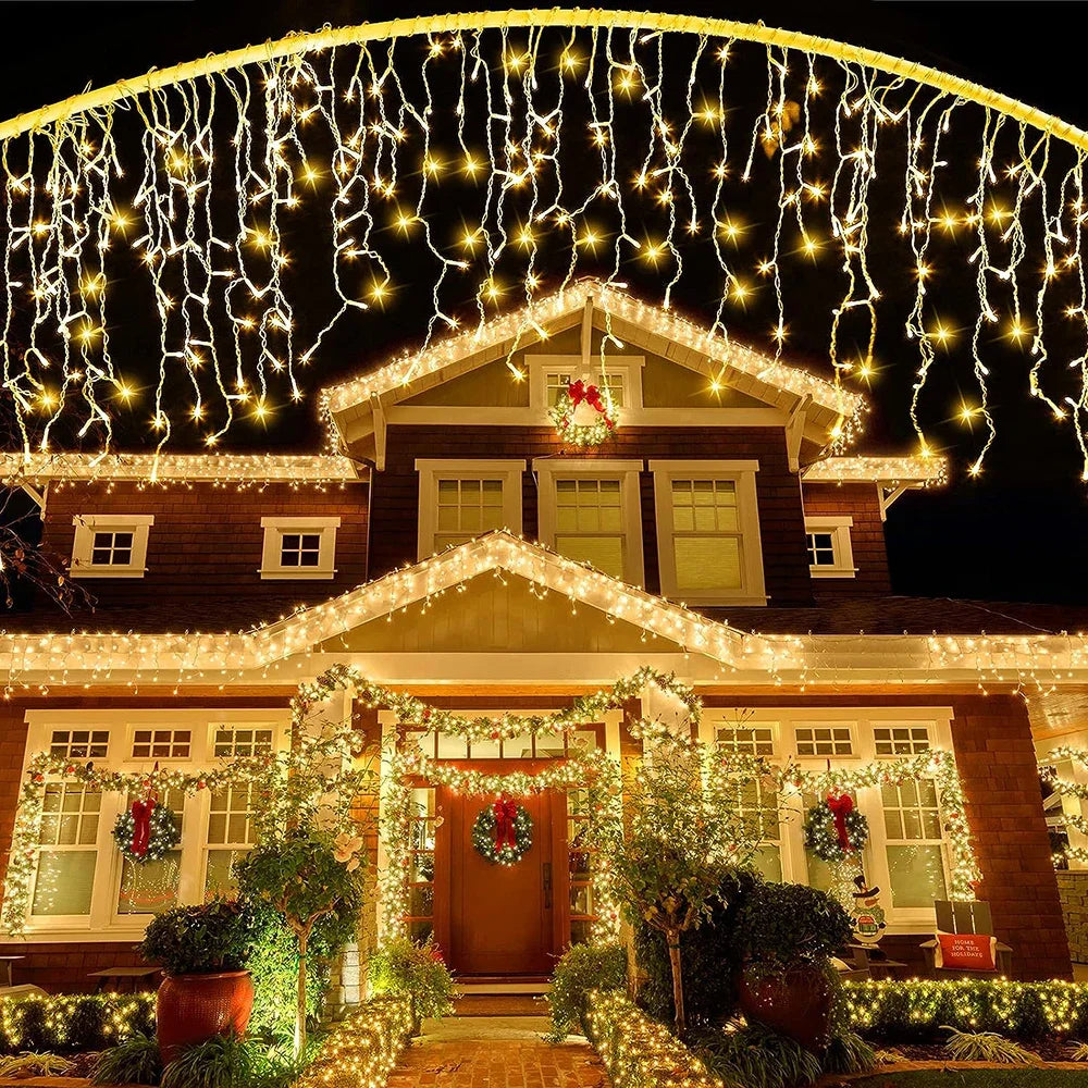 3.5M/7.5M Solar Curtain Icicle Light Outdoor Eaves Decor String Lights Garden Party Yard Christmas Decoration holiday Garlands