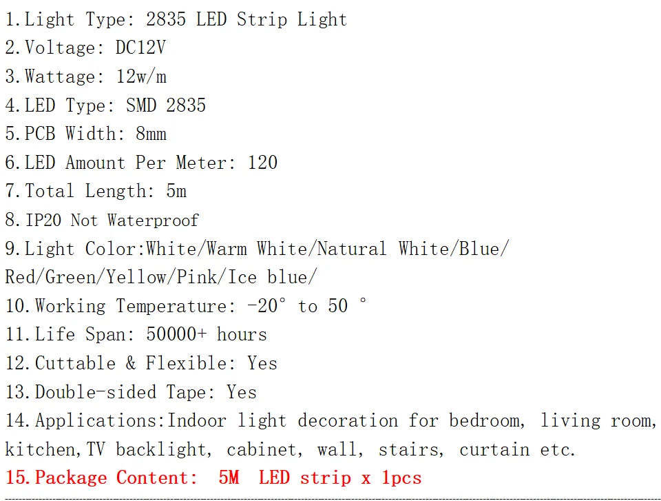 12V LED Strip 2835 8mm 5m IP20 Non Waterproof 120LEDs/m Blue/Red/Green/White /Warm White/Yellow/Pink/Natural White/Ice blue