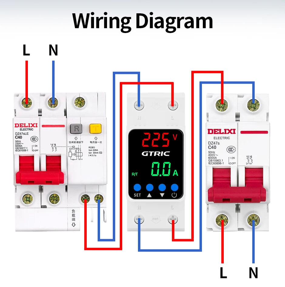 GTRIC Voltage Protection Relay Din Rail Over Under Voltage Protector 230VAC 40A 63A Adjustable Voltage Current Protection Device