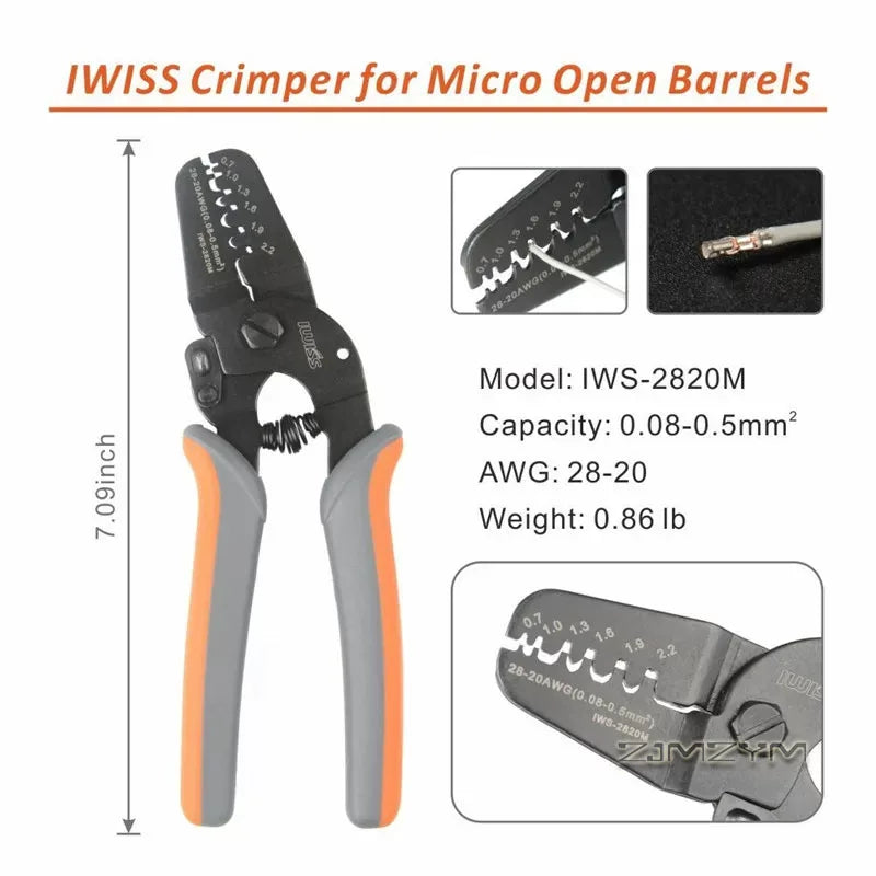 IWS‑2820M Open Barrel Crimping Pliers 28‑20 AWG Crimper for PH2.0 XH JST Molex Terminals for Electronics DIY FPV Drone Wiring