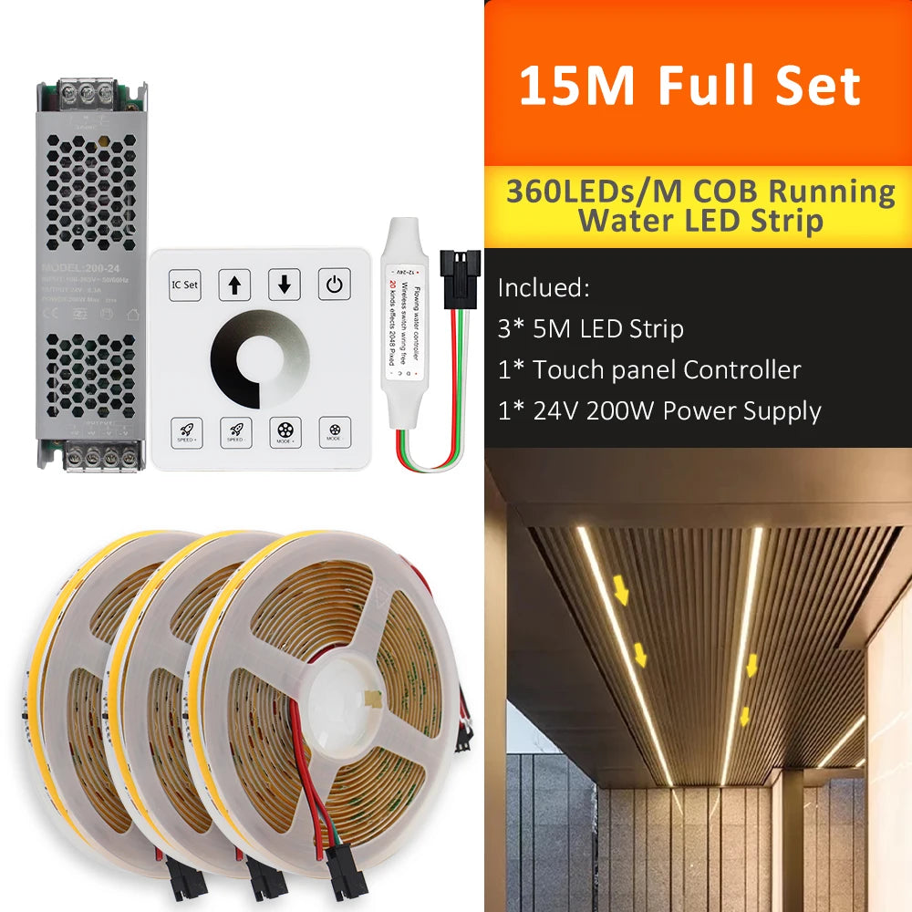 COB Horse Race LED Strip 24V WS2811 Running Water Flowing Light 360LEDs/m RF Touch Panel Controller 5M for Home Decoration