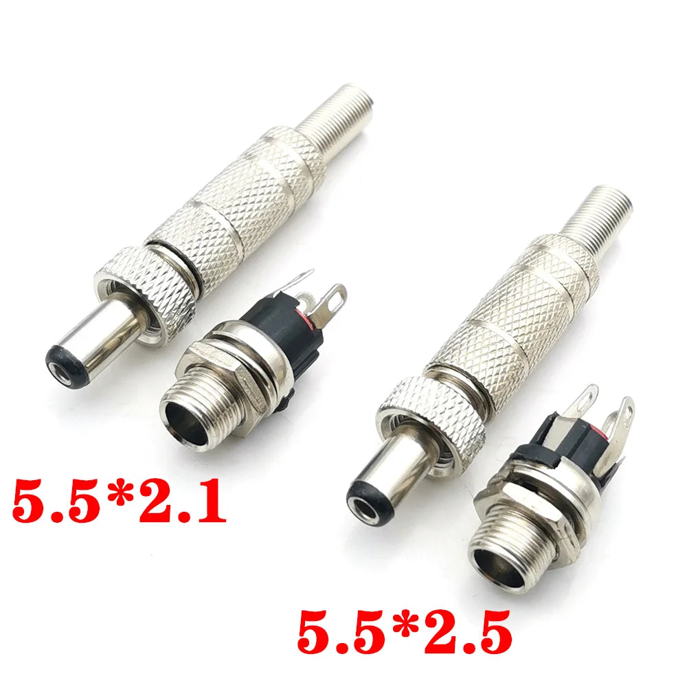 5pcs 5.5x2.5mm 5.5x2.1mm DC 12V Power Jack Male Plug Female Socket Metal Connector Adapter With Thread Lock 5.5*2.1 5.5*2.5