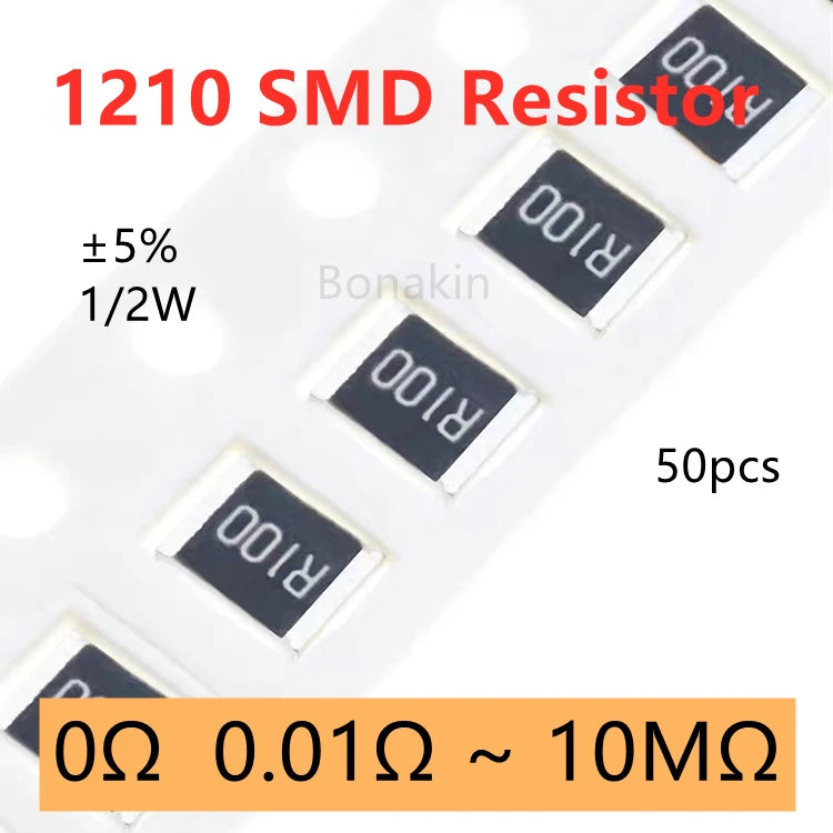 50pcs 1210 5% SMD Resistor 0.01R0.03R0.05R0.1R0.15R0.2R0.3R0.5R2R3.3R10R20R51R100R200R330R1K1.2K2.2K3.3K4.7K5.1K10K100K1MΩ ohm