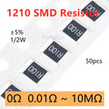 50pcs 1210 5% SMD Resistor 0.01R0.03R0.05R0.1R0.15R0.2R0.3R0.5R2R3.3R10R20R51R100R200R330R1K1.2K2.2K3.3K4.7K5.1K10K100K1MΩ ohm