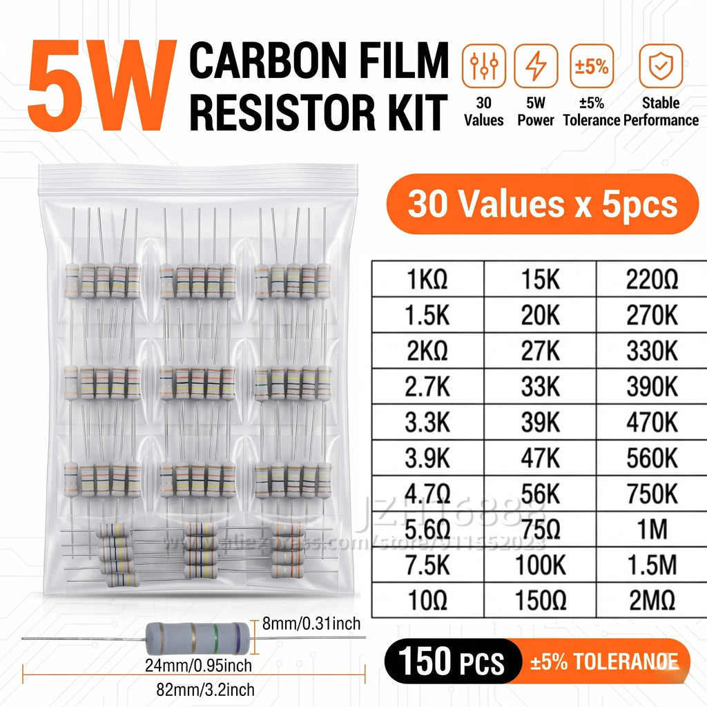 Carbon Film Resistor Kit 1/8W 1/4W 1/2W 1W 2W 3W 5W 5% 4 Band Through Hole Axial Lead Resistor DIY Electronic Components