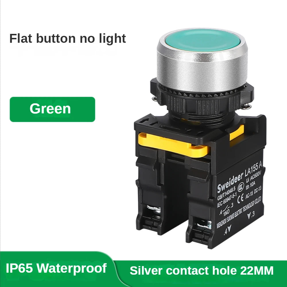 Waterproof Button Switch Momentary Self Reset Self Locking Flat Round Head 22mm Power Push Button Switch 10A 1NO 1NC Red Green