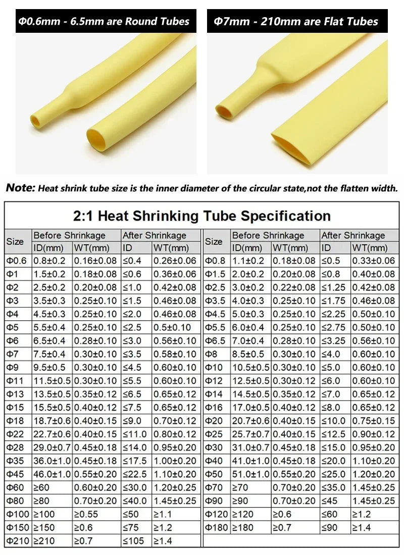 1~10m 2:1 Heat Shrink Heat Shrink Tube Yellow Diameter 0.6~80mm Wire Cable Repair Wrap Sleeving DIY Waterproof Polyolefin Tubing