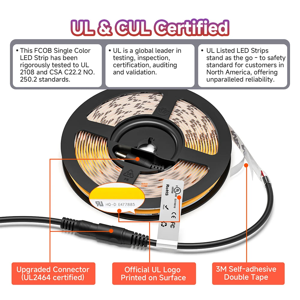 Super Bright 480 LEDs FCOB LED Strip Ultral Bright Efficient COB Light 2700K 6000K Dimmable Linear Flexible RA90 UL CE DC24V