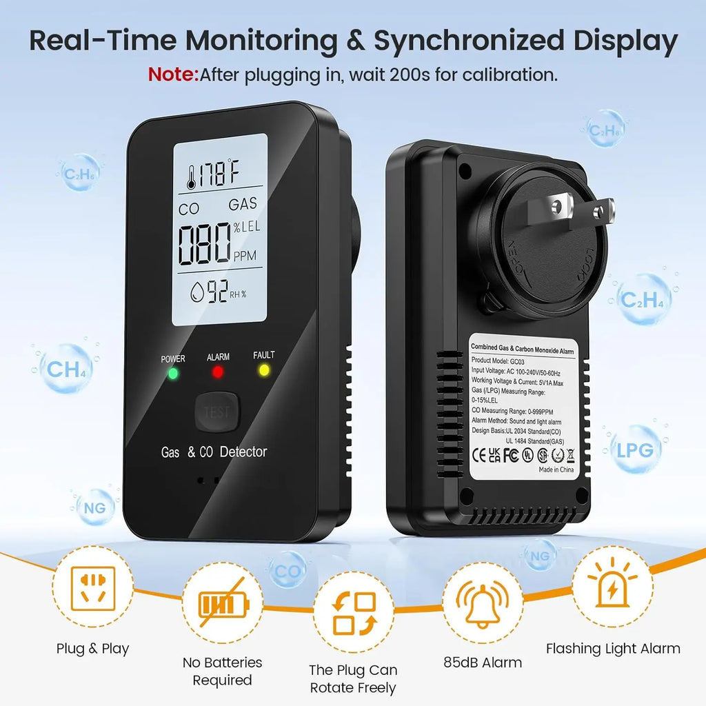 Natural Gas & Carbon Monoxide Detector, Plug in Carbon Monoxide Alarm,Propane,Methane,4-in-1 Combustible Gas & CO Detector Alarm