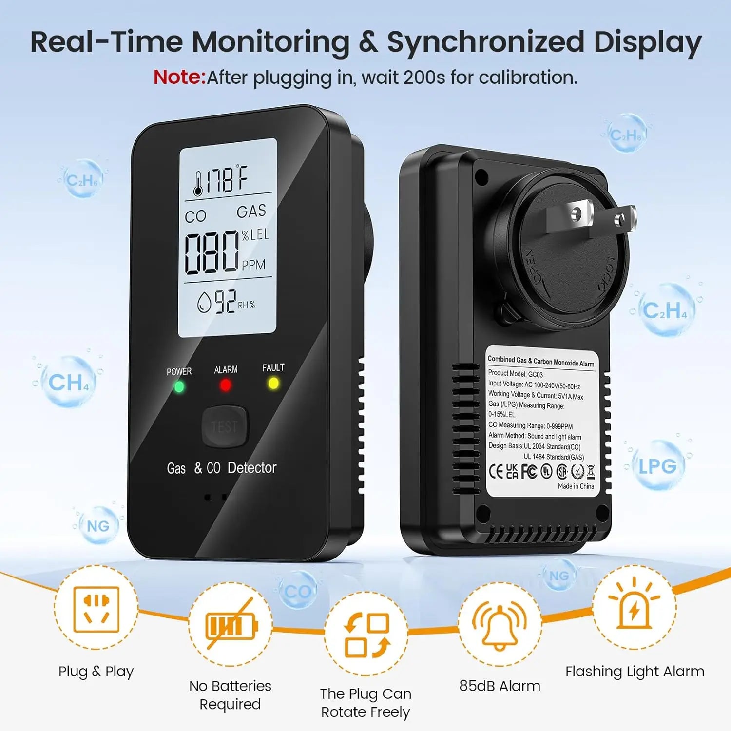 Natural Gas & Carbon Monoxide Detector, Plug in Carbon Monoxide Alarm,Propane,Methane,4-in-1 Combustible Gas & CO Detector Alarm