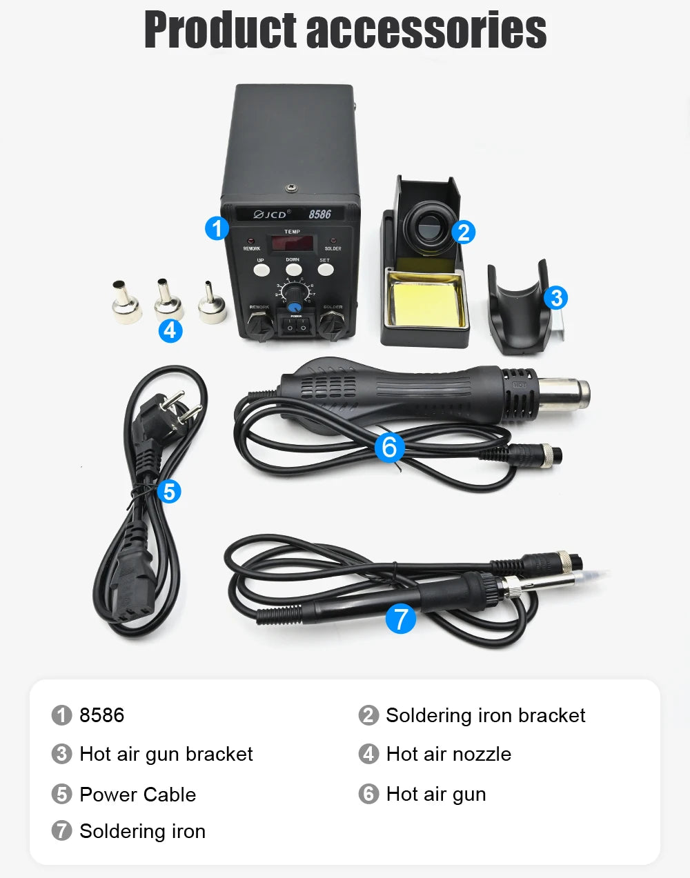 JCD 750W Soldering Station 8586 LCD Digital Display SMD Rework Hot Air Gun Soldering Iron 220V 110V ESD Welding Repair Tools