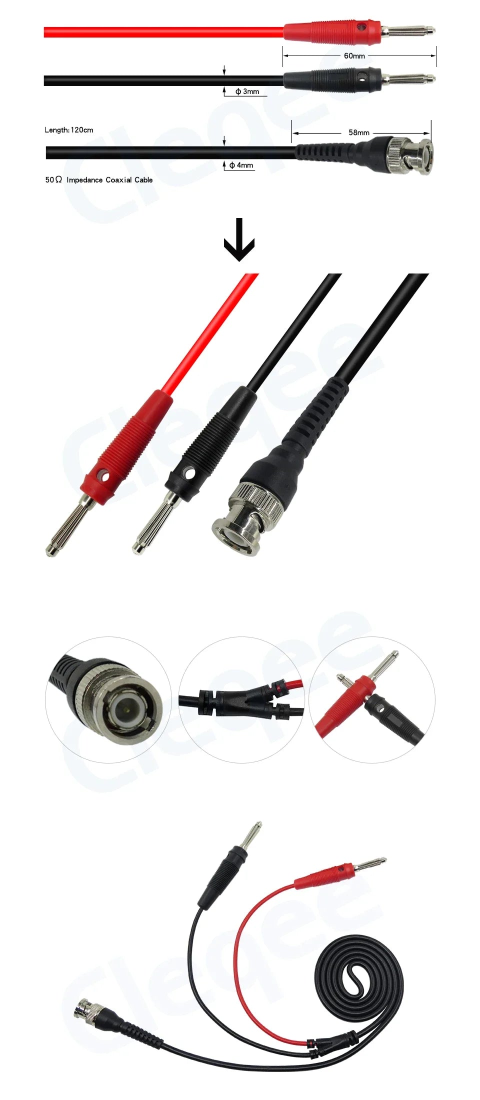 Cleqee P1008A BNC Male to Dual 4mm Stackable Banana Plug With Test Leads Probe Q9 Oscilloscope Cable 120CM