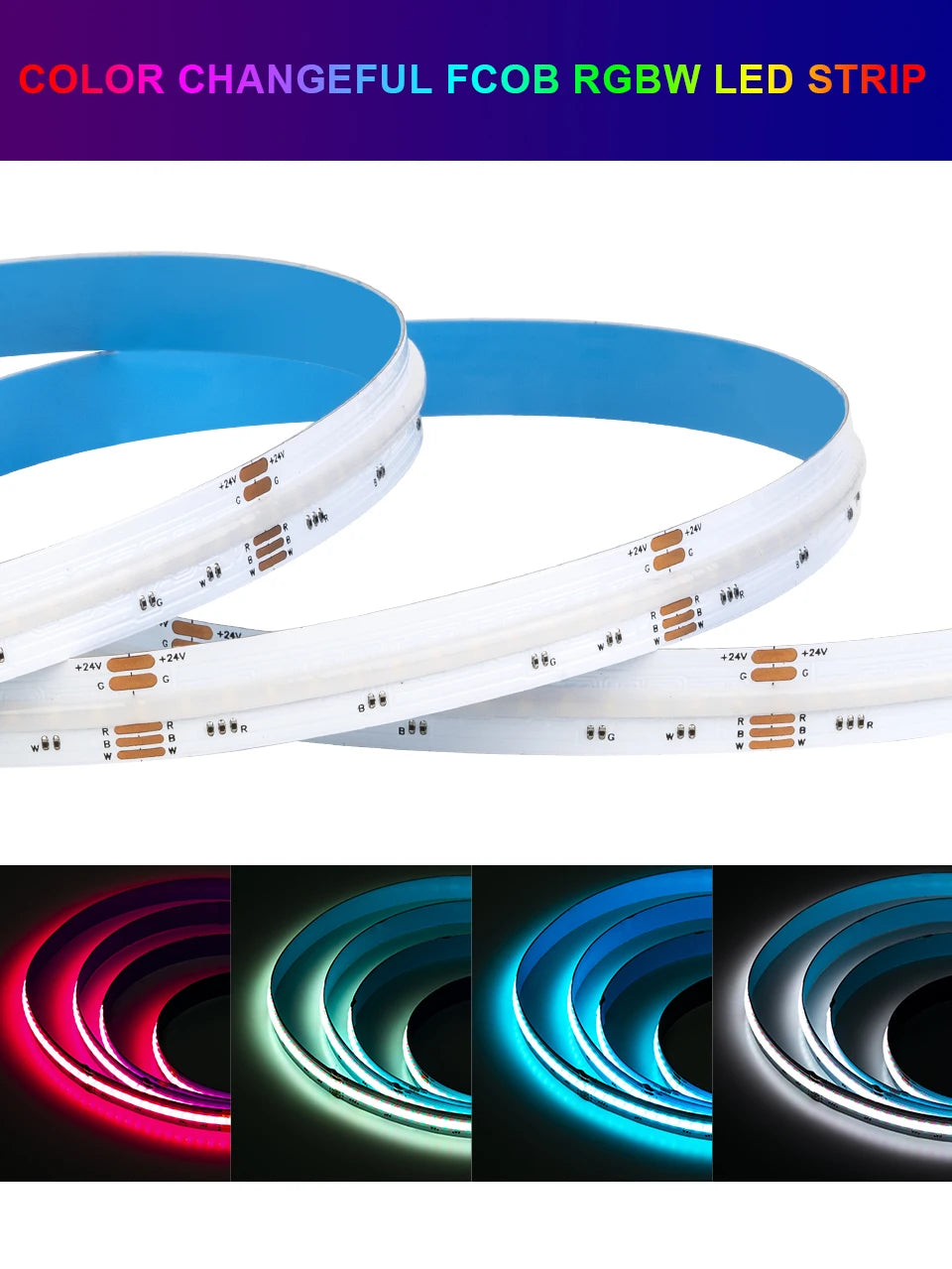 FCOB RGBW LED Strip Light 5pin 12mm DC12V 24V 896 LED Flexible FOB RGBCW COB RGBWW Lights High Density RA90 Linear Dimmable 16W