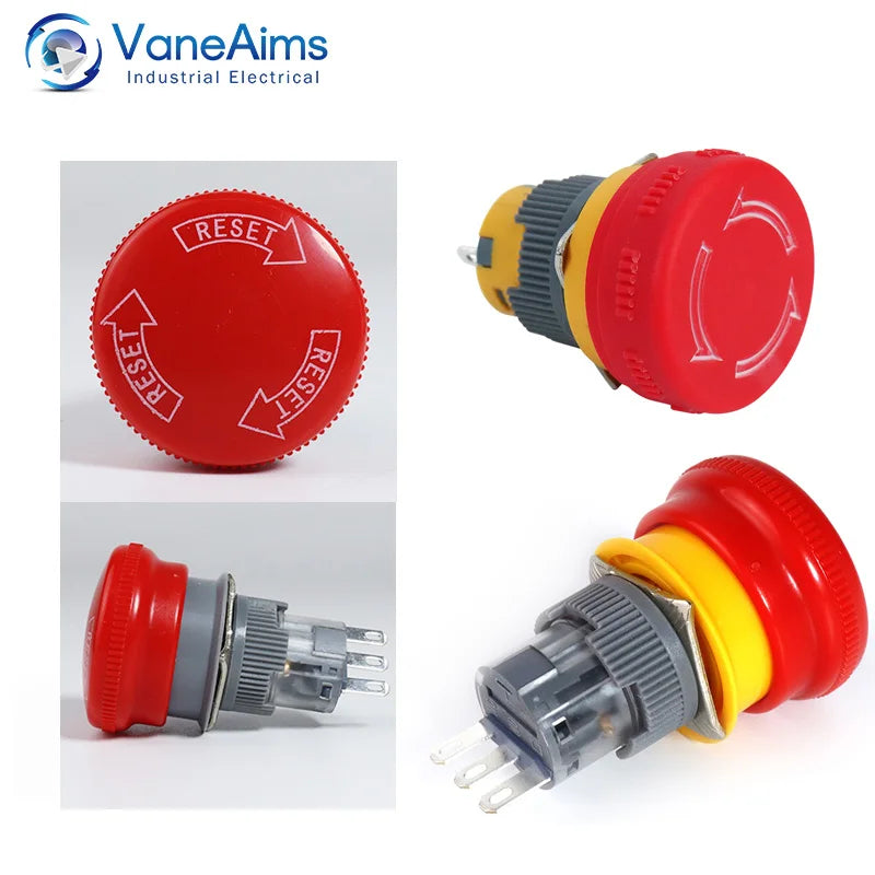 16mm Plastic Emergency Stop Switch Latching Self-locked 1NO1N Red Mushroom Head Electrical Control Push Button Switch VaneAims