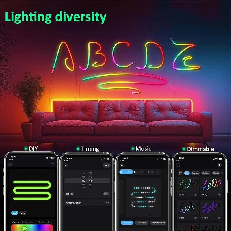 RGB LED Neon Rope Lights Bluetooth App WS2812 RGBIC Waterproof Flexible LED Tape With Dimmable Remote Controller For Wall Decor