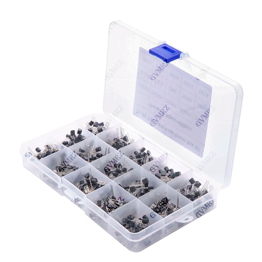 600PCS 15Value x 40Pcs Transistor TO-92 Assortment Box Kit Transistors 2N2222 2N3904 2N3906 Direct-plug triode box C945 S8050
