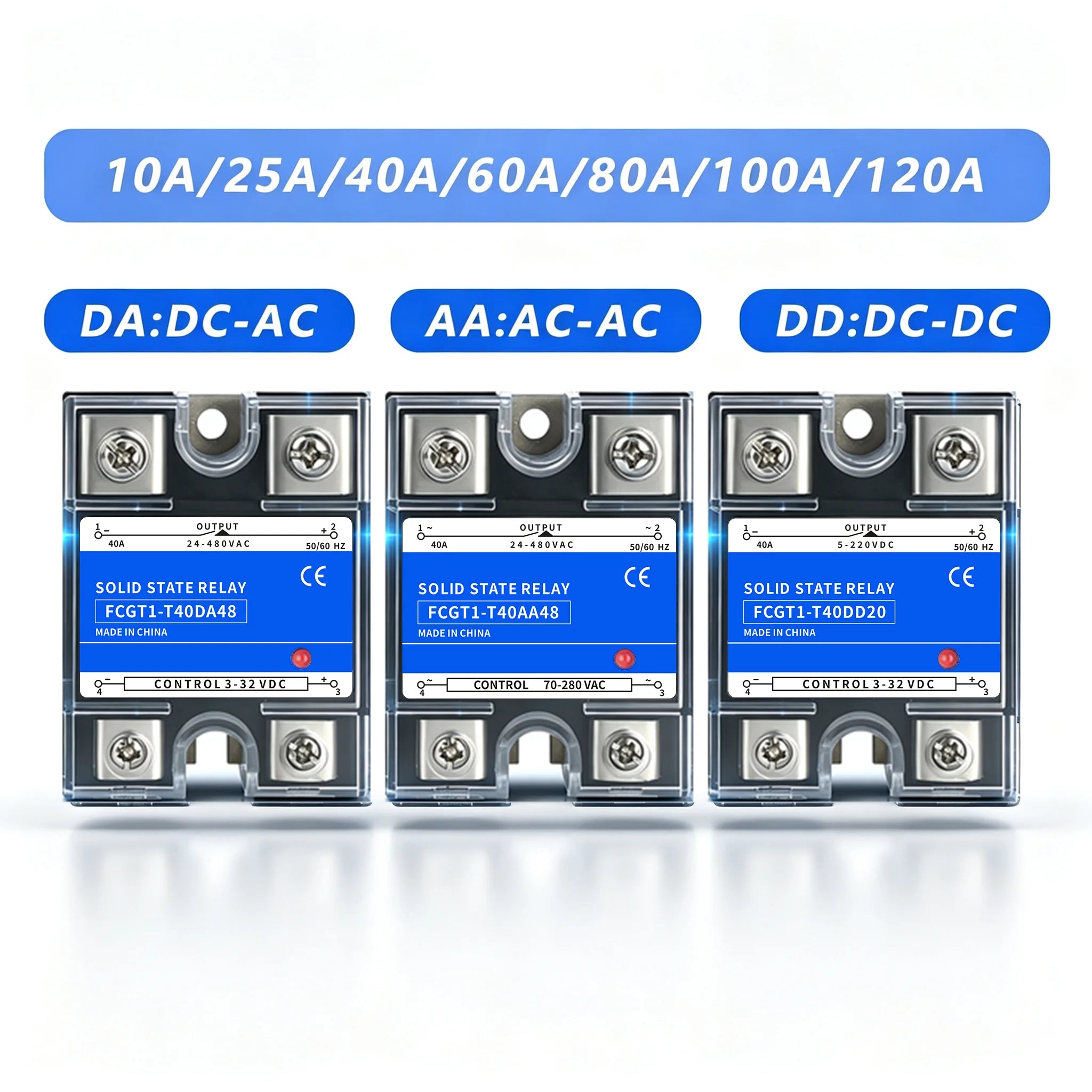 SSR Solid State Relay 10A 25A 40A 60A 80A 100A 120A Single Phase Control Relay DC TO AC DC TO DC AC TO AC