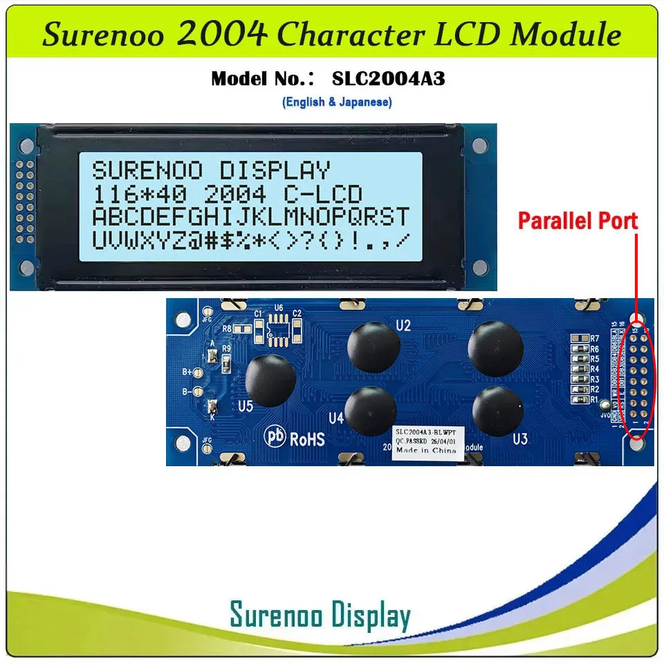 Surenoo 116*40MM 2*8Pin 204 20X4 2004 6800 IIC I2C Character LCD Module Display Screen LCM White LED Backlight English Japanese