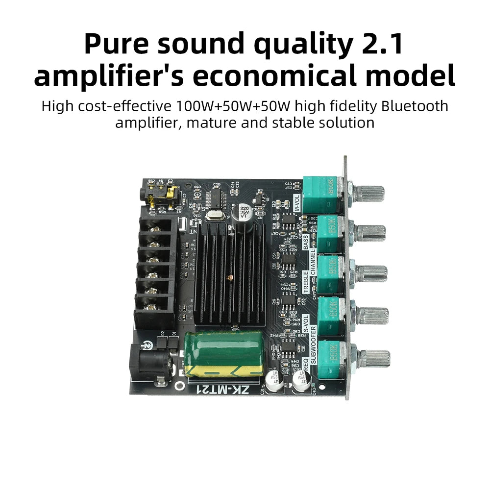 MT21 2.1 Channel Bluetooth 5.0 Digital Amplifier Module 100W+50W+50W Subwoofer Audio Board Treble Bass Adjustment AUX Input for Speaker DIY