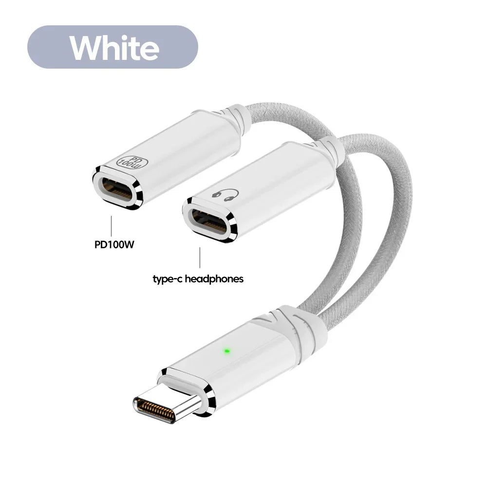 100W PD Fast Charger Cable 2 in 1 USB C Splitter Type USB C Headphones Jack Audio Adapter For Samsung iPhone 16 15 Huawei Xiaomi