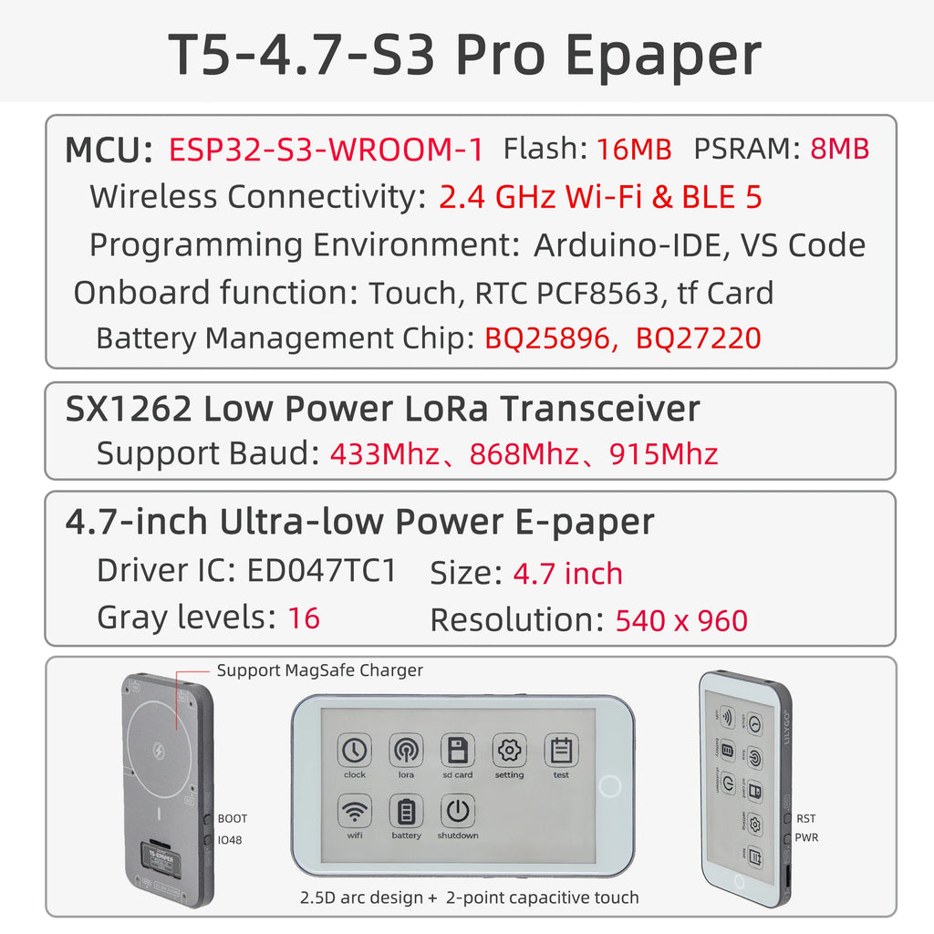 T5 E-Paper S3 Pro E-Ink Display ESP32-S3 4.7-inch E-Paper Module LoRa SX1262 TF Card RTC PCF8563 Touch Battery GPS