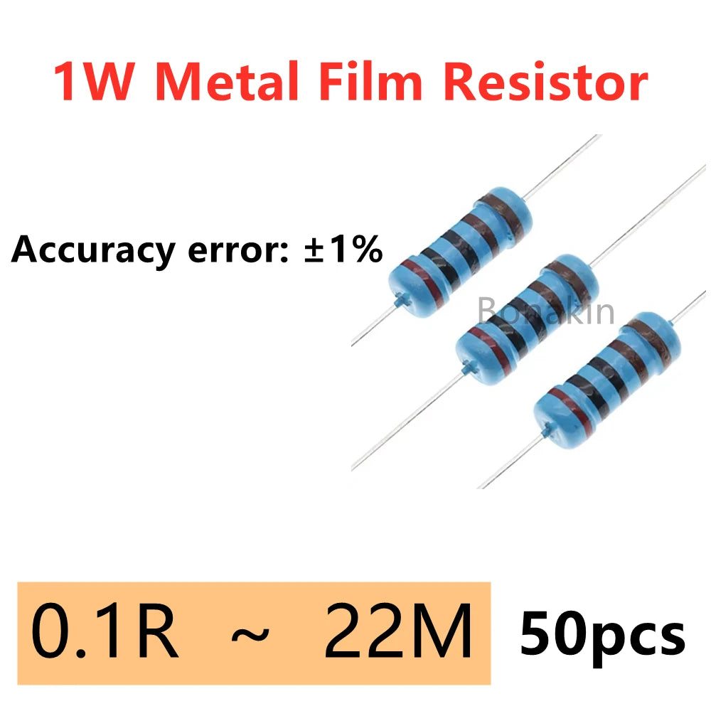 50PCS 1W Metal Film Resistor 1% Ring Power Resistor 0.1~22M 2 4.7R 5.1R 10R 47R 100R 220R 360R 470 1K 2.2K 10K 22K 4.7K 100K Ohm