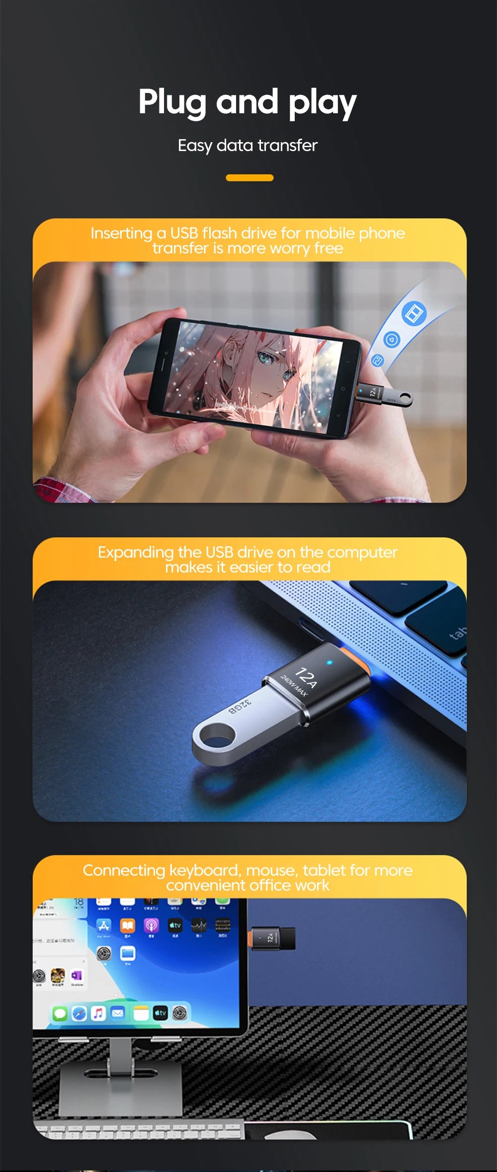 Type C To USB 3.0 OTG Adapter Fast Charging USB Female to Type C Male Converter Data Transfer For Iphone 15 Xiaomi Huawei Phone