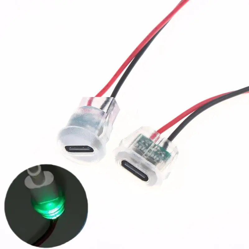 5/10Pcs Transparent 2Pin Waterproof USB-C Female Charging Socket With LED Light Type-C Power Input Connector