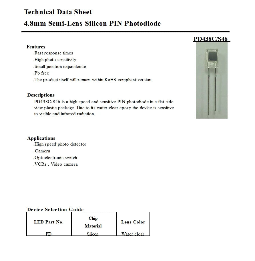 10 20 50 100 PCS PD438C/S46 4.8mm Semi-Lens Silicon PIN Photodiode infrared receiver diode, side silicon photovoltaic cell