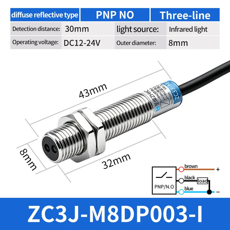 ZHICAN ZC3J M8 M12 M18 Infrared Photoelectric Sensor Diffuse Reflective Adjustable Sensing Distance NPN PNP NO NC