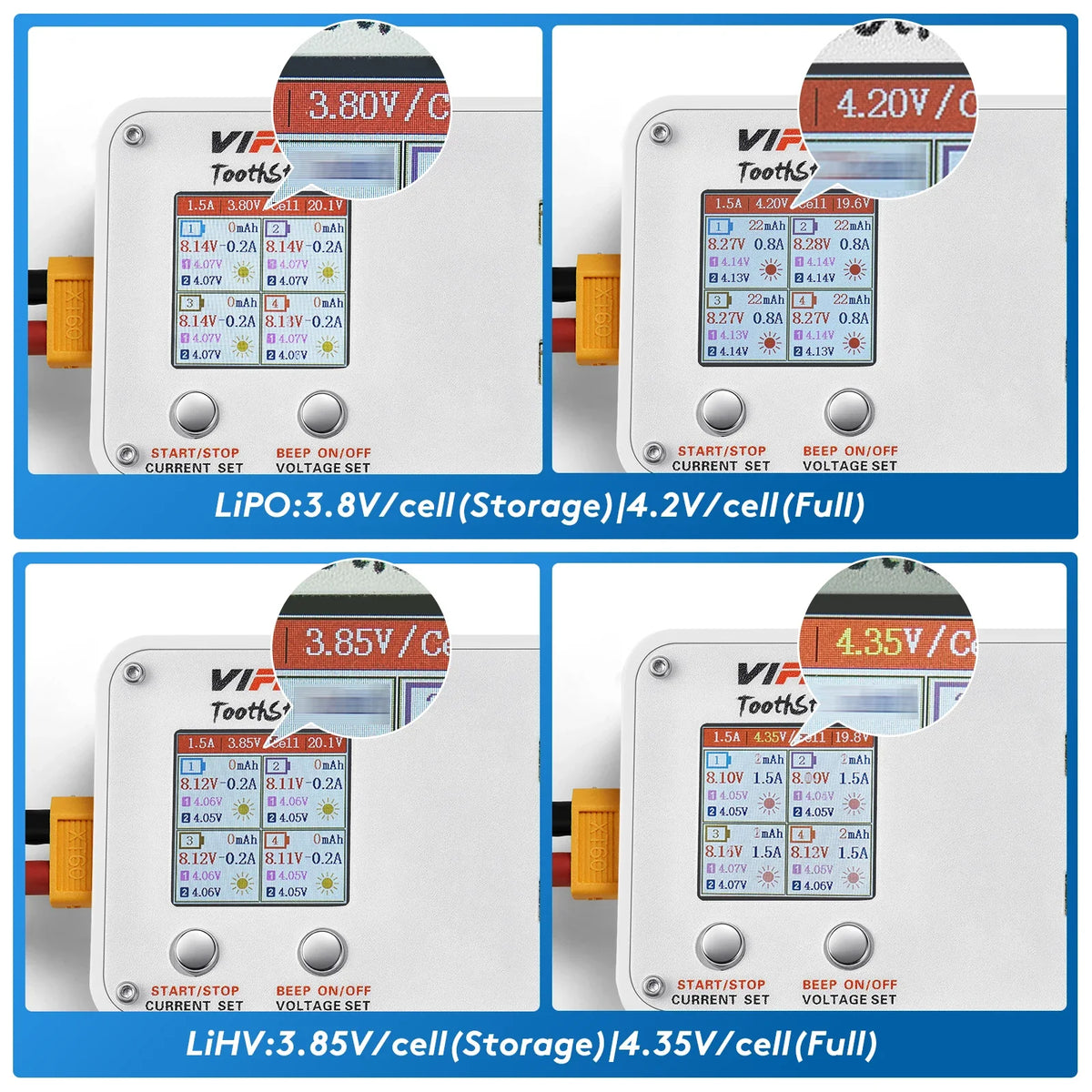 VIFLY ToothStor 4 Port 2S Balance Charger With Storage Mode LCD Display LiHV/LiPo Battery For RC FPV Freestyle Racing Drone