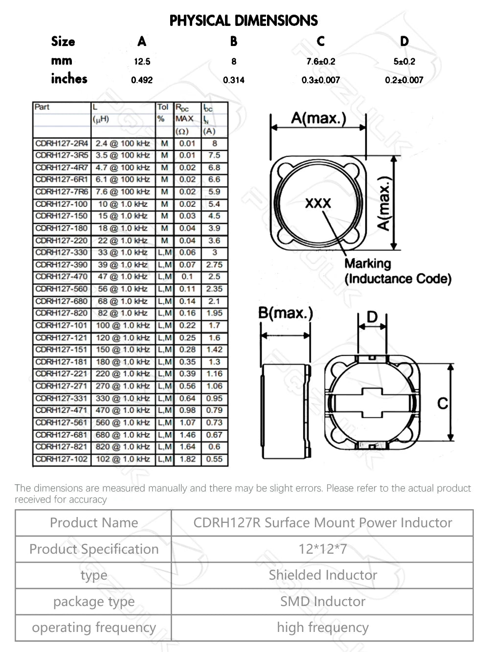 CDRH127 CD127 CDRH127 10/15/22/33/47/68UH 12*12*7 SMD Power inductor Javino