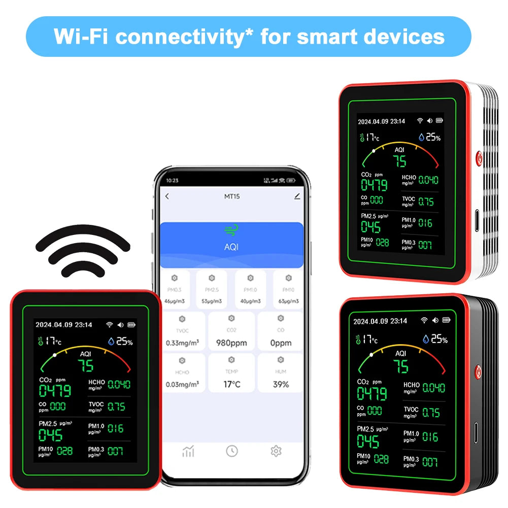 Home Air Quality Monitor Tuya WiFi 15 in 1 TFT Display Portable AQI PM0.3 PM1.0 PM2.5 PM10 CO CO2 TVOC HCHC Tester APP Co 이산화탄소