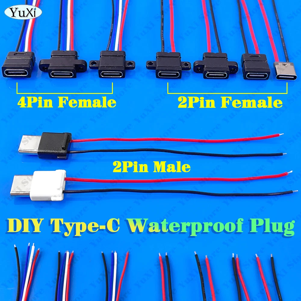 USB Type-C Waterproof Connector Male Female 2Pin Fast Charging Jack Port USB-C 4Pin Charger Plug Data Transmission Cable 3A 5V