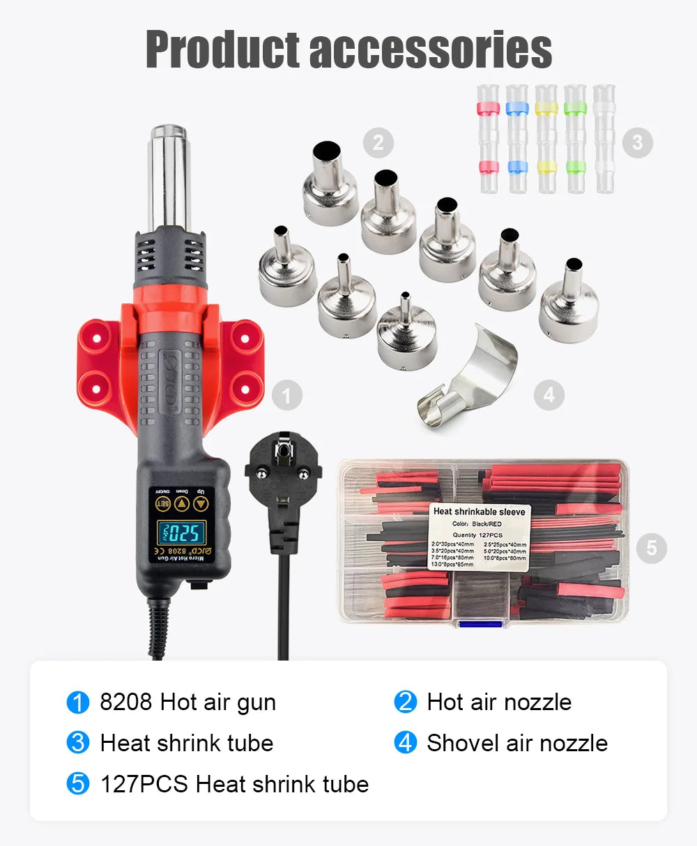 JCD 750W Micro Hot Air Gun 8208 Soldering Rework Welding Station LCD Digital Heat Gun BGA IC Solder Tools With Heat Shrink Tube