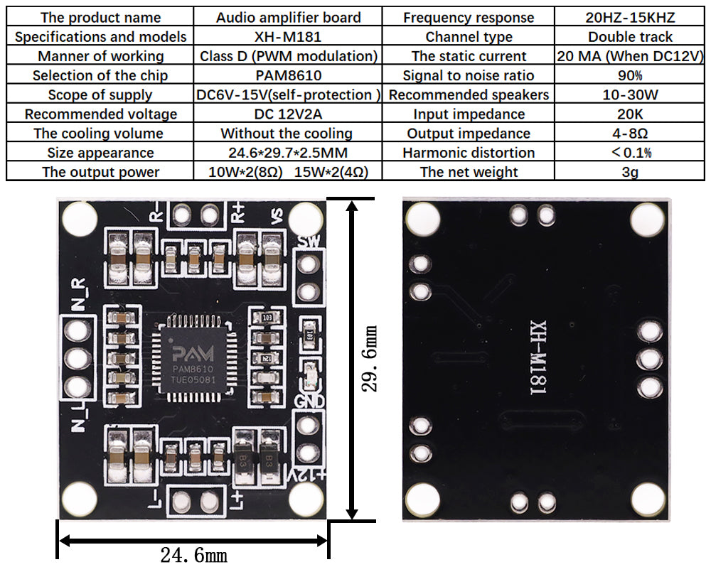 PAM8610 Digital Power Amplifier Board 2x15w Dual Channel Stereo Mini Class D 12V Mini Hi-Fi Audio Stereo Module 2X10W