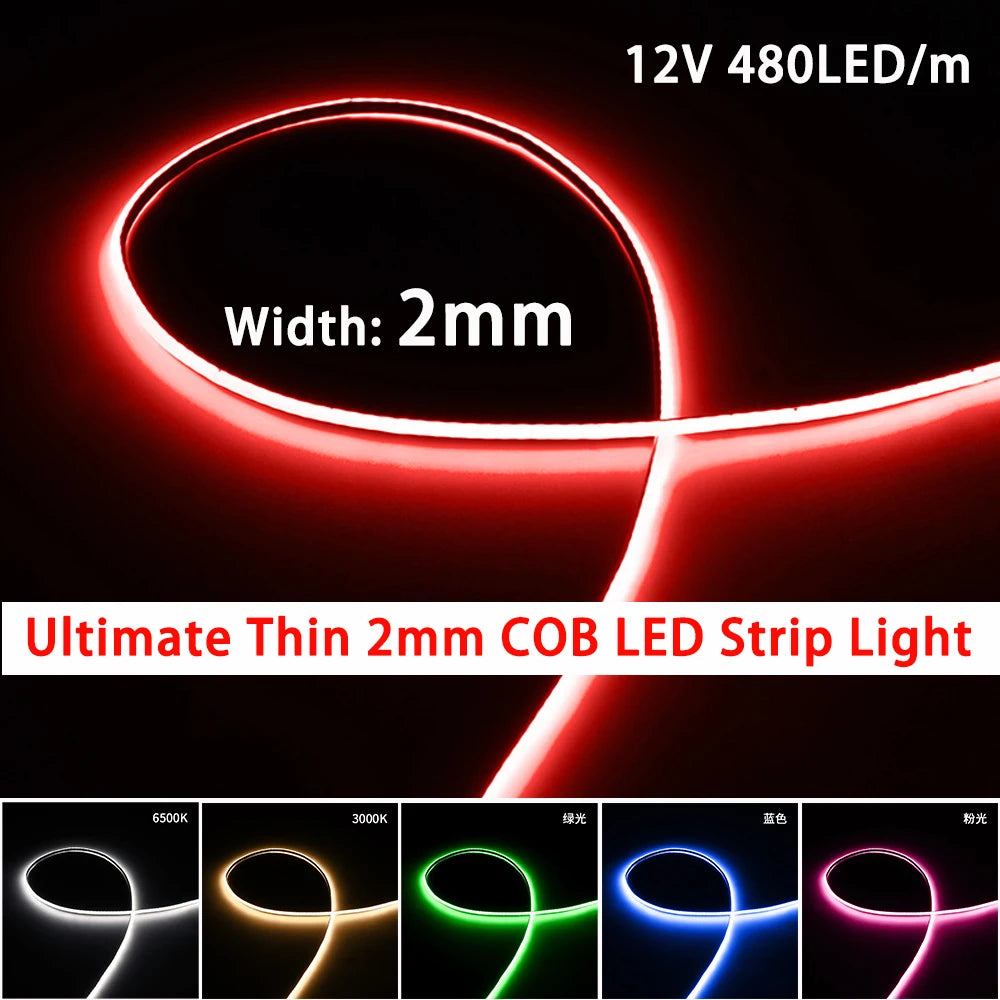 5V 12V 24V 2mm 3mm 4mm Ultra Slim COB LED Strip Lights DIY mini Figure 480LED/m Flexible Tape Light for Car Room Decoration