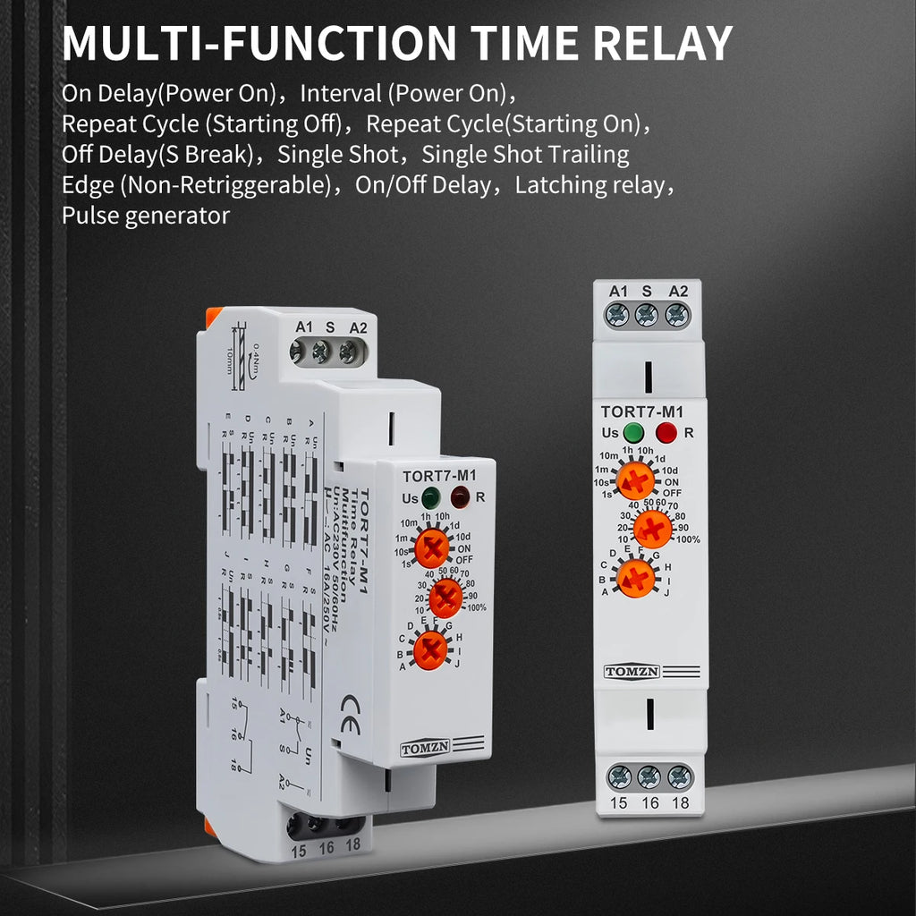 TOMZN 10IN1 Multi-function Time Relay Delay Interval Repeat Cycle Single Shot Latching Relay Pulse Generator AC230V 16A 18mm