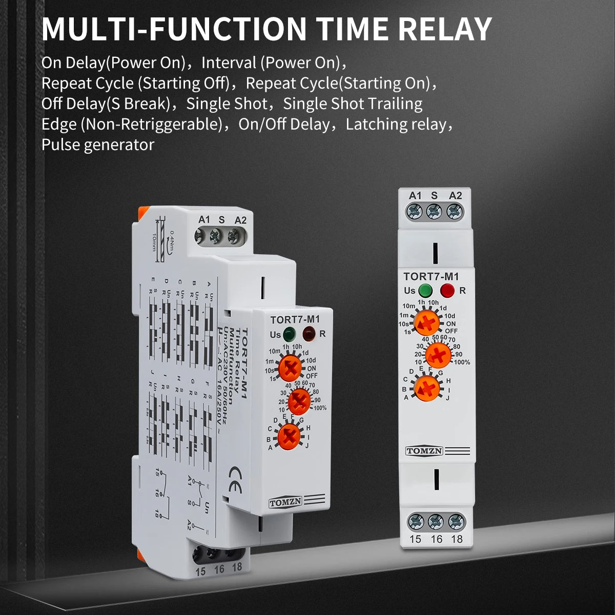 TOMZN 10IN1 Multi-function Time Relay Delay Interval Repeat Cycle Single Shot Latching Relay Pulse Generator AC230V 16A 18mm