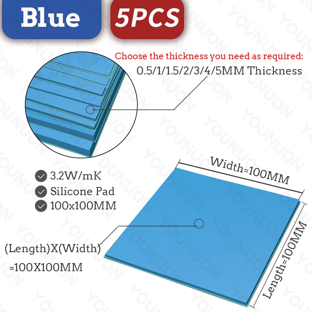 YOUNUON 100x100mm 0.5mm 1mm 1.5mm 2mm 3mm 4mm 5mm tichkess Thermal Pad CPU Heatsink Pad Cooling Conductive Silicone Thermal