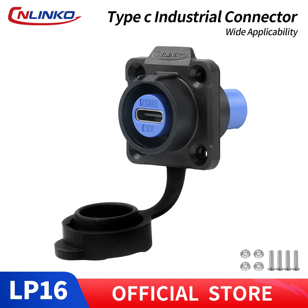 CNLINKO LP16 Waterproof Type-C Connector 5A Female Socket Jacks 10 Gbps Panel Mount Receptacles for Fast Charging Data Transfer