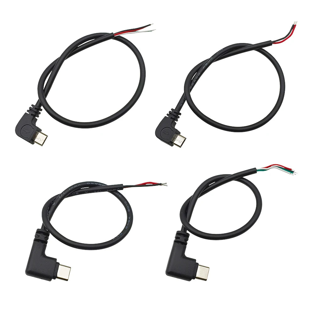 1Pcs 2 Pin 4 Pin Type-C Micro USB USB 2.0 A Male Plug Elbow Head Power Cable Welding Connector DIY Repair Line 0.25M 0.3M 1M