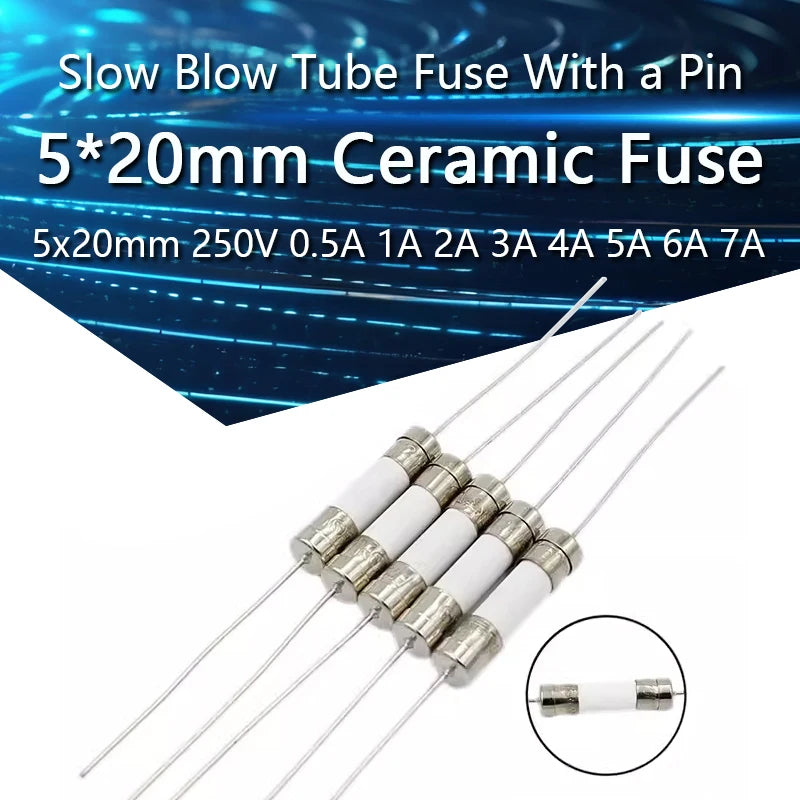 10-100PCS 5*20mm Ceramic fuse Slow Blow tube fuse With a pin 5x20mm 250V 0.5A 1A 2A 3A 4A 5A 6A 7A 8A 10A 12A 15A 20A 25A 30A