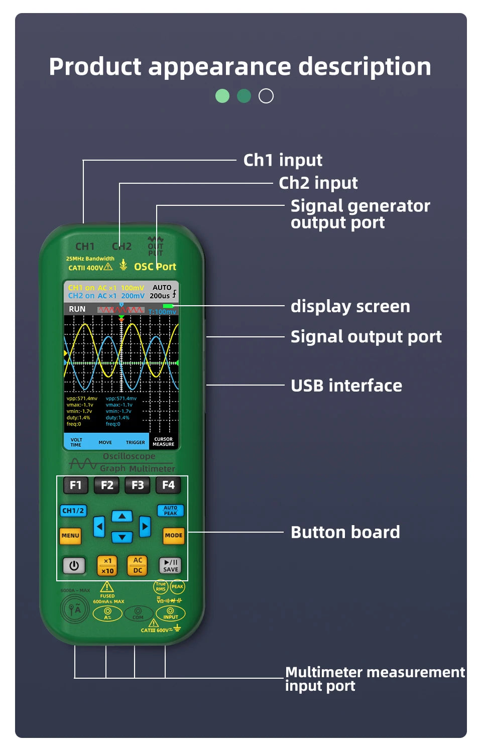 BSIDE 4-IN-1 Handheld Oscilloscope Digital Multimeter+Function Signal Generator Dual Channel O7:25MHz/O9:50MHz Current Tester