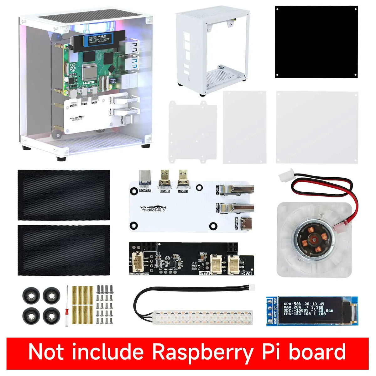 Raspberry Pi 5 Case Protective Kit with Cooling Fan RGB Color Light and 0.96 Screen Display DIY Electronic Shell Support M.2 SSD