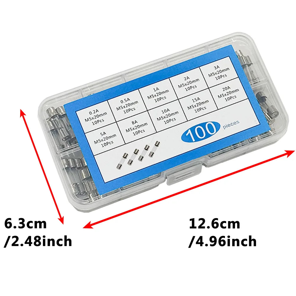 100PCS Fast Blown Glass Fuse Combination Kit M5x20mm 250V Multiple Amp Ratings 0.1A-20A Clear Plastic Storage Box