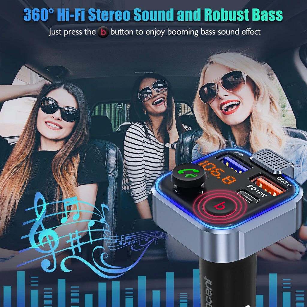 LENCENT FM Transmitter Wireless Bluetooth 5.0 Handsfree Car Kit with Type-C PD 20W+ QC3.0 Fast USB Mp3 Player
